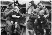 Żołnierz z 1 Dywizji Pancernej gen. Maczka karmi holenderskie dzieci