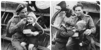 Żołnierz z 1 Dywizji Pancernej gen. Maczka karmi holenderskie dzieci