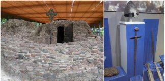 Zabytki średniowieczne z Ostrowa Lednickiego na wystawie w Biskupinie Ostrów Lednicki ruiny palatium i zabytki