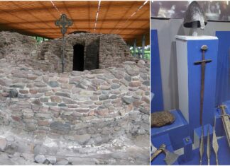 Zabytki średniowieczne z Ostrowa Lednickiego na wystawie w Biskupinie Ostrów Lednicki ruiny palatium i zabytki