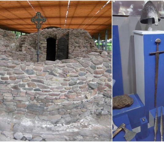 Zabytki średniowieczne z Ostrowa Lednickiego na wystawie w Biskupinie Ostrów Lednicki ruiny palatium i zabytki