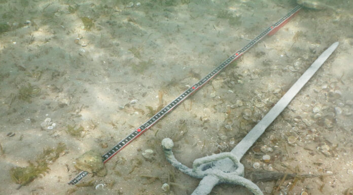 Świetnie zachowany miecz z XVI w. odkryty w Jeziorze Zuryskim Miecz z XVI wieku odkryty na dnie jeziora przez kajakarza