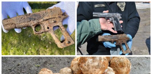 Rosyjskie kule armatnie i amerykański pistolet – znaleziska poszukiwaczy w Twierdzy Modlin (GALERIA) pistolet colt i kule armatnie Twierdza Modlin