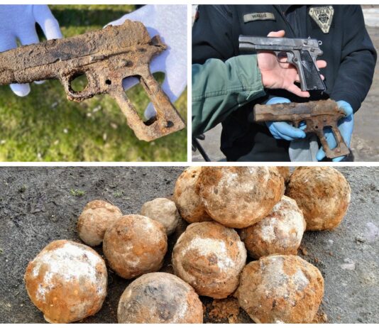 Rosyjskie kule armatnie i amerykański pistolet – znaleziska poszukiwaczy w Twierdzy Modlin (GALERIA) pistolet colt i kule armatnie Twierdza Modlin