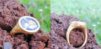 Cenny masywny złoty pierścień odkryty przez poszukiwacza (GALERIA) Złoty sygnet intaglio