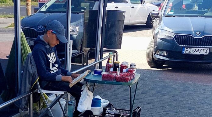 Niesamowity chłopak z Gniezna wzruszył serca internautów! Chłopiec z Gniezna sprzedaje maliny i przetwory mamy czytając książki