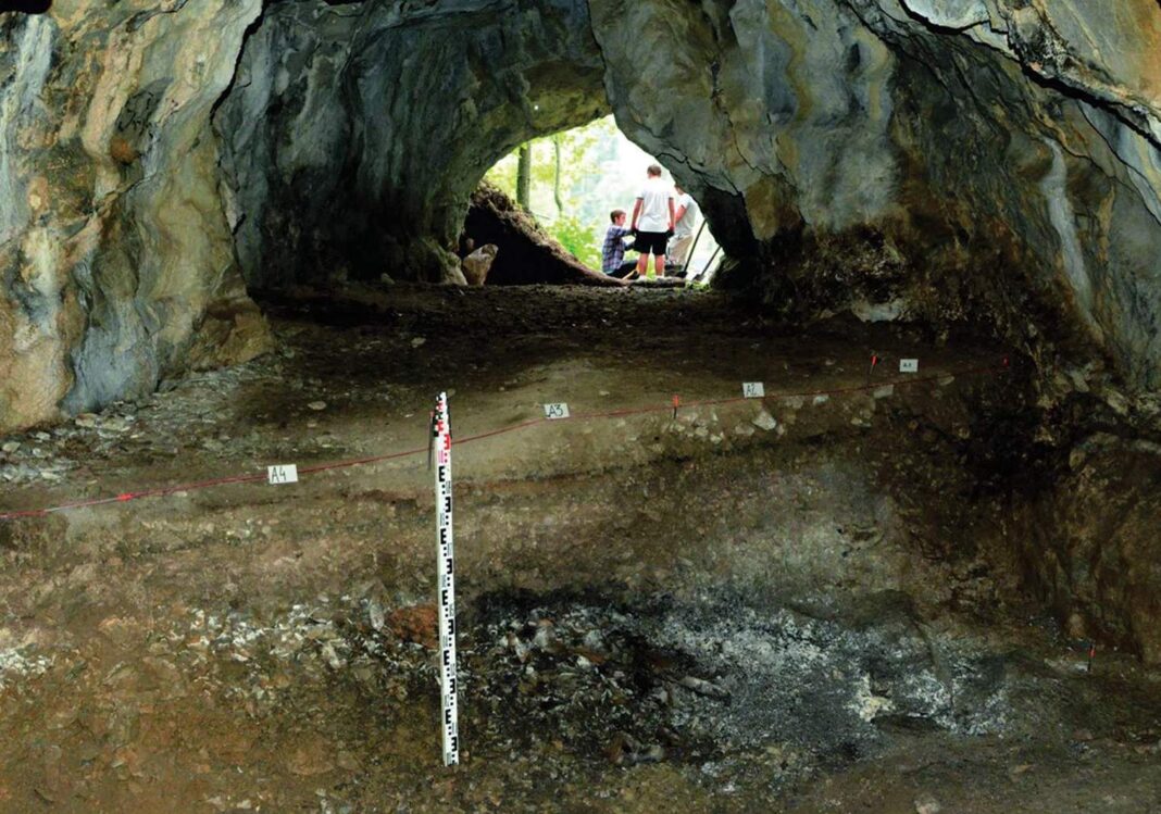 Zdjęcie wykopu w jaskini w którym znaleziono pozostałości po ognisku