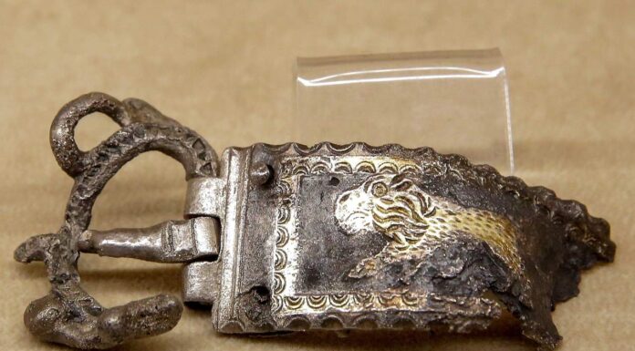 Niezwykłe skarby z jeziora Nidajno były składane w rytualnych obrzędach (GALERIA) Ozdobna klamra wykonana ze srebra zdobiona złotem