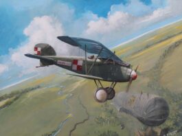 Rocznica pierwszego w historii polskiego lotnictwa zestrzelenia balonu nieprzyjacielskiego Obraz przedstawiający scenę ataku pil. Franciszka Jacha na balon ukraiński autorstwa Pana Roberta Firszta