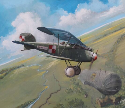 Rocznica pierwszego w historii polskiego lotnictwa zestrzelenia balonu nieprzyjacielskiego Obraz przedstawiający scenę ataku pil. Franciszka Jacha na balon ukraiński autorstwa Pana Roberta Firszta