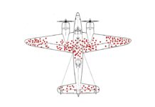 „Błąd przeżywalności” – rysunek z krótką historią Schemat który przedstawia miejsca, w których mechanicy łatali dziury po ostrzale artylerii przeciwlotniczej w bombowcach wracających znad Niemiec.