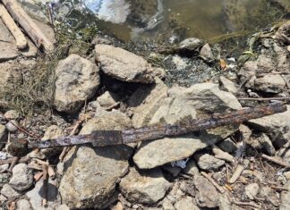 Warszawa. Miecz znaleziony w Wiśle przez wędkarza (GALERIA) Miecz w chwili znalezienia