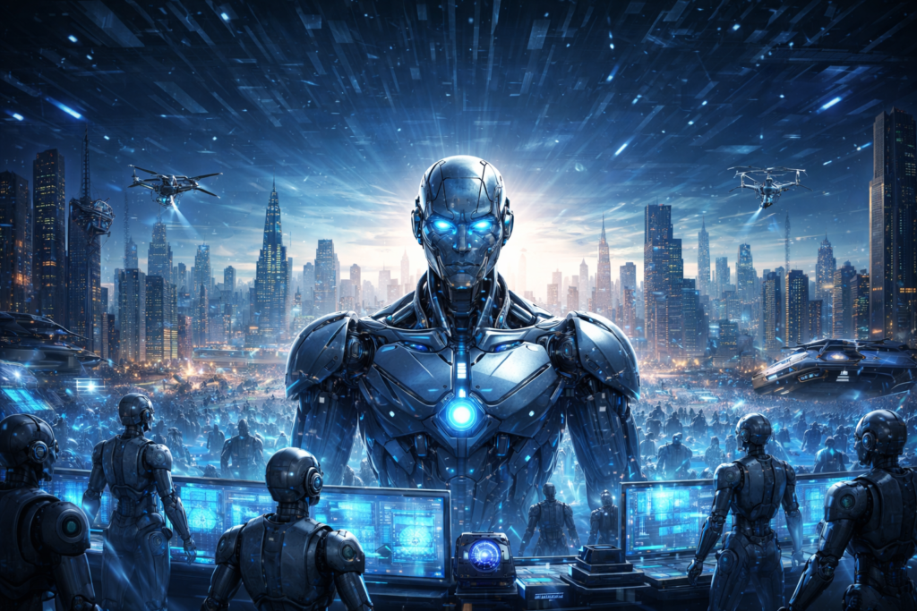 Prompt wygenerowany przez Chat GPT: Stwórz zdjęcie tytułowe do artykułu na temat przyszłości przejętej przez AI. Jak i samo jego ewentualne zobrazowania w formie graficznej.