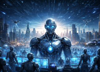 7. nie kr(A)dn(I)j Prompt wygenerowany przez Chat GPT: Stwórz zdjęcie tytułowe do artykułu na temat przyszłości przejętej przez AI. Jak i samo jego ewentualne zobrazowania w formie graficznej.