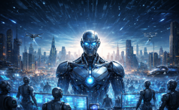 7. nie kr(A)dn(I)j Prompt wygenerowany przez Chat GPT: Stwórz zdjęcie tytułowe do artykułu na temat przyszłości przejętej przez AI. Jak i samo jego ewentualne zobrazowania w formie graficznej.