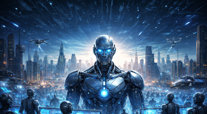 7. nie kr(A)dn(I)j Prompt wygenerowany przez Chat GPT: Stwórz zdjęcie tytułowe do artykułu na temat przyszłości przejętej przez AI. Jak i samo jego ewentualne zobrazowania w formie graficznej.