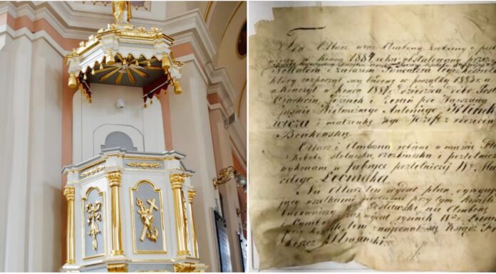 Kapsuła czasu ukryta w ambonie, którą ks. Strusiński zostawił 140 lat temu Kapsuła czasu odnaleziona w ambonie